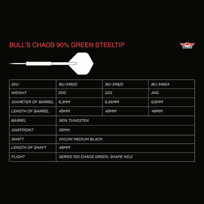 Bulls NL Chaos Green 90% Tungsten Steel Tip Darts - Image 5